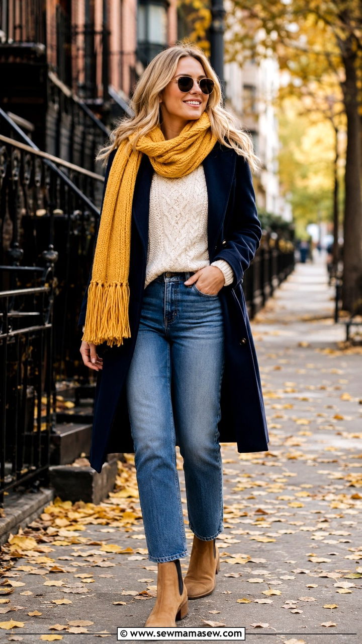 Neutral cream knit sweater with maize scarf and blue jeans outfit - 20 Gameday outfit ideas Michigan