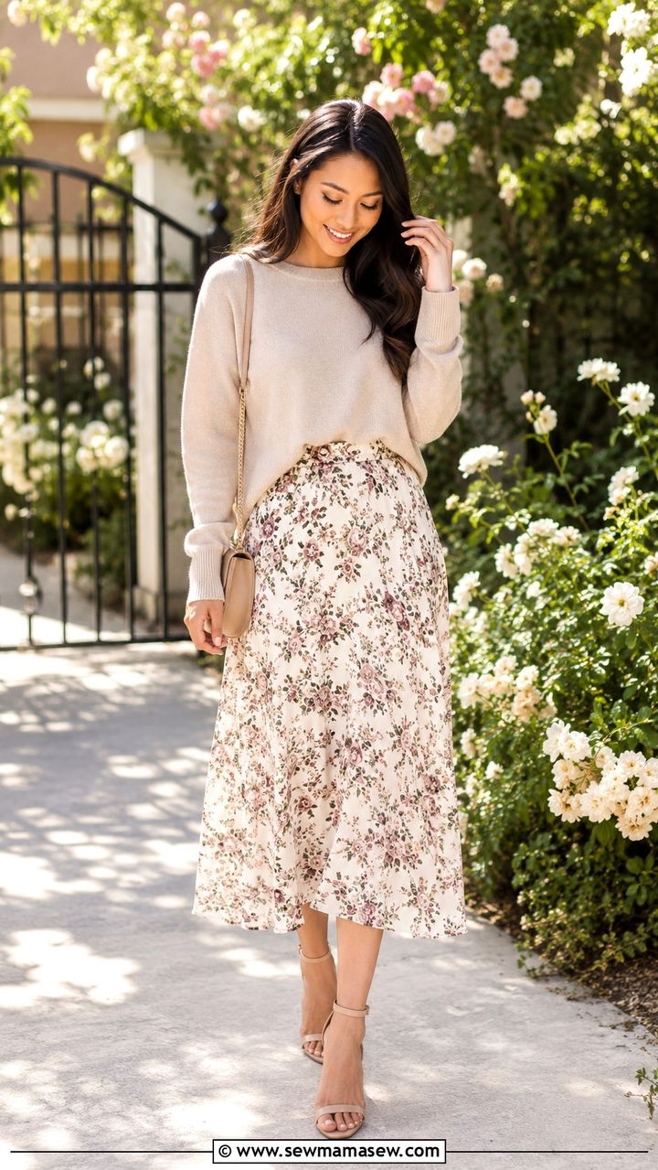Neutral crewneck sweater with a floral midi skirt - 30 Sweater outfit ideas petite