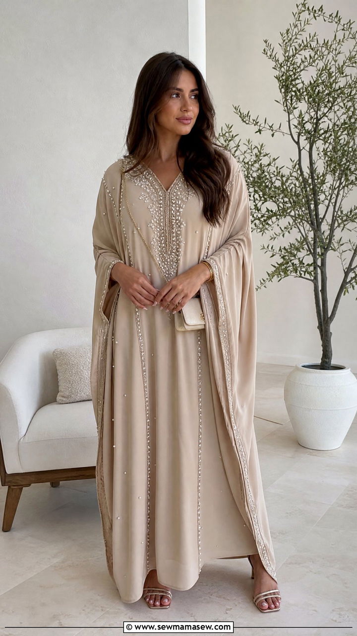 Neutral embellished kaftan with strappy sandals - 25 Iftar party outfit ideas