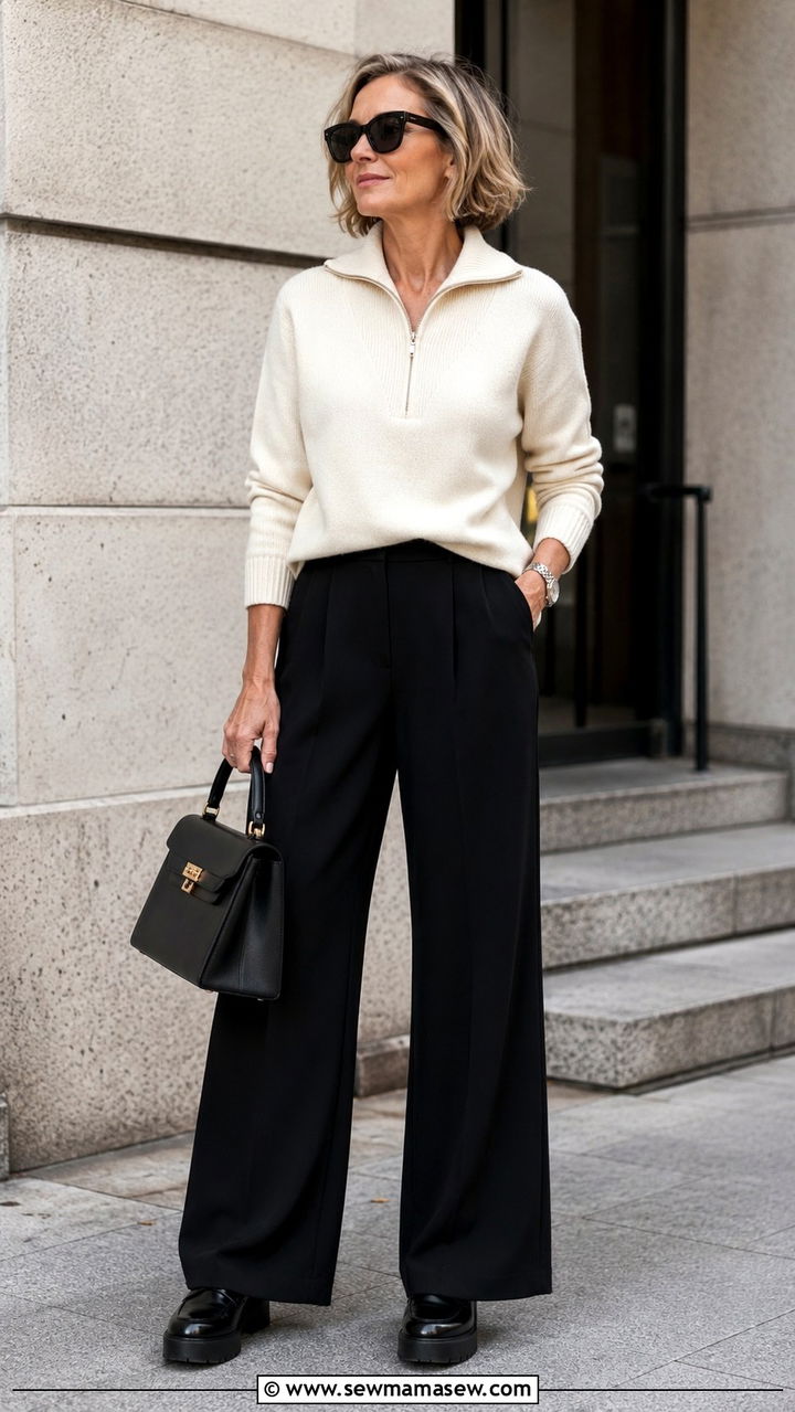 Neutral half zip sweater with black wide leg pants - 30 Outfit ideas for women over 40 errands