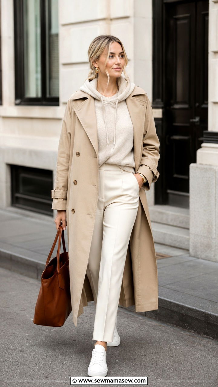 Neutral hoodie under trench coat with white sneakers - 25 Scandinavian cozy outfit ideas