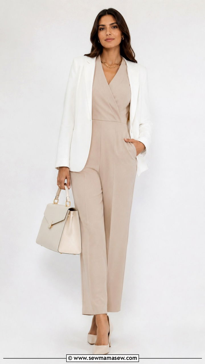 Neutral jumpsuit office outfit with white blazer - 30 How to style a jumpsuit for work