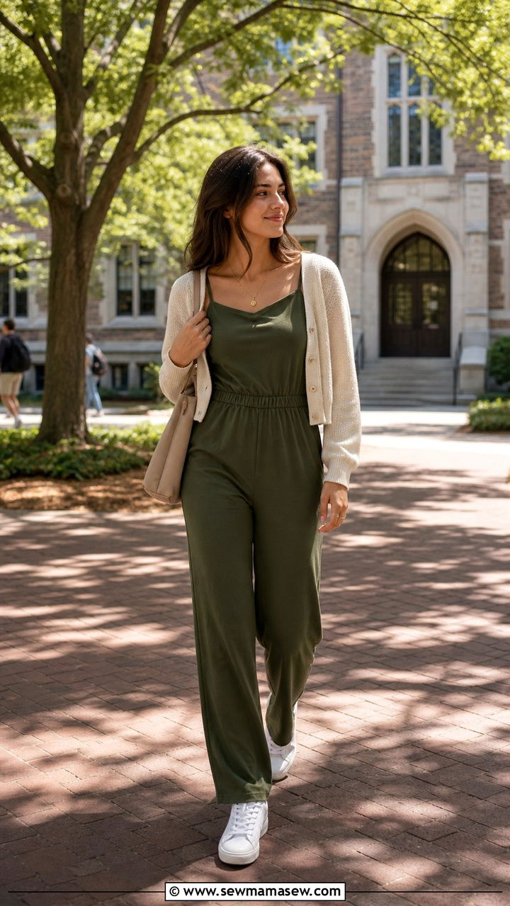 Neutral jumpsuit with white sneakers - 25 Clean girl outfits for college