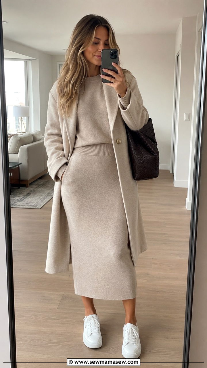 Neutral knit co ord with a long coat and sneakers - 25 Work outfit ideas for Wednesday