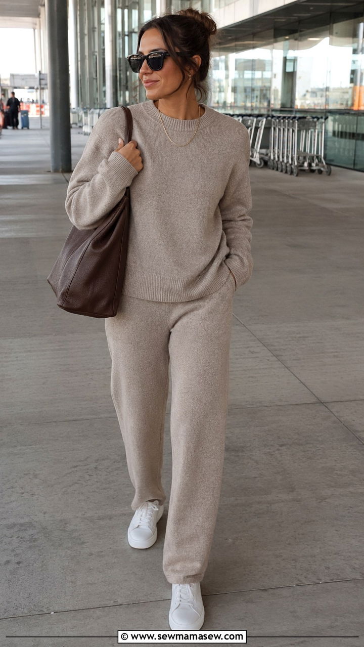 Neutral knit lounge set with oversized tote and sneakers outfit - 25 Quiet luxury on a budget outfit ideas
