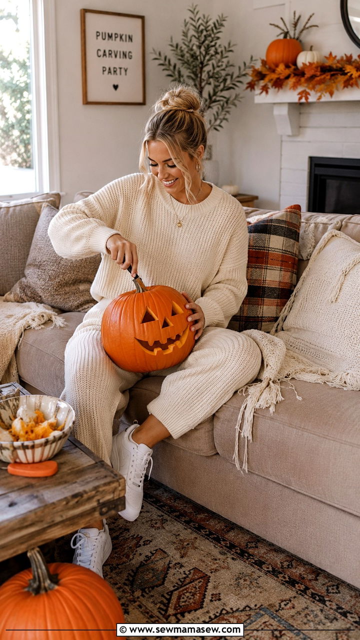 Neutral knit matching set with white sneakers - 30 Pumpkin carving party outfit ideas