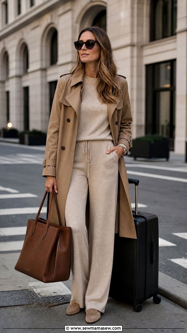 Neutral knit pants set with trench coat - 25 Knit matching set outfit ideas