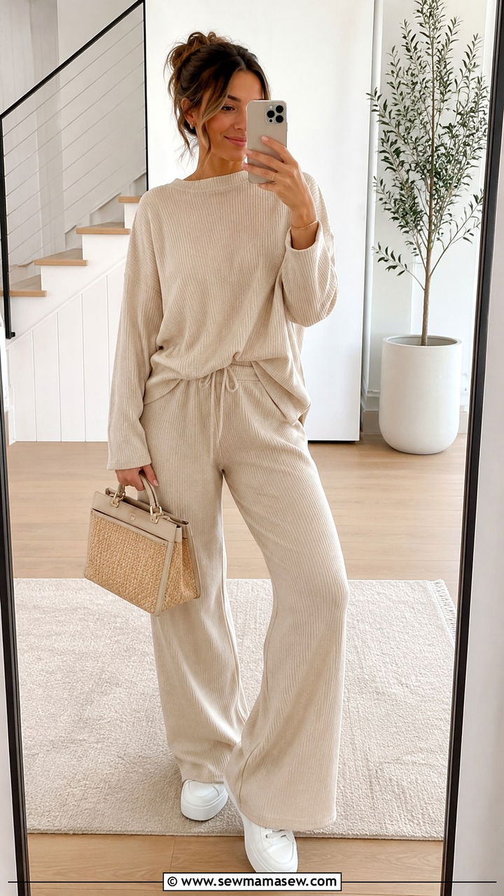 Neutral knit set with platform sneakers - 25 Pickup line outfit ideas for moms