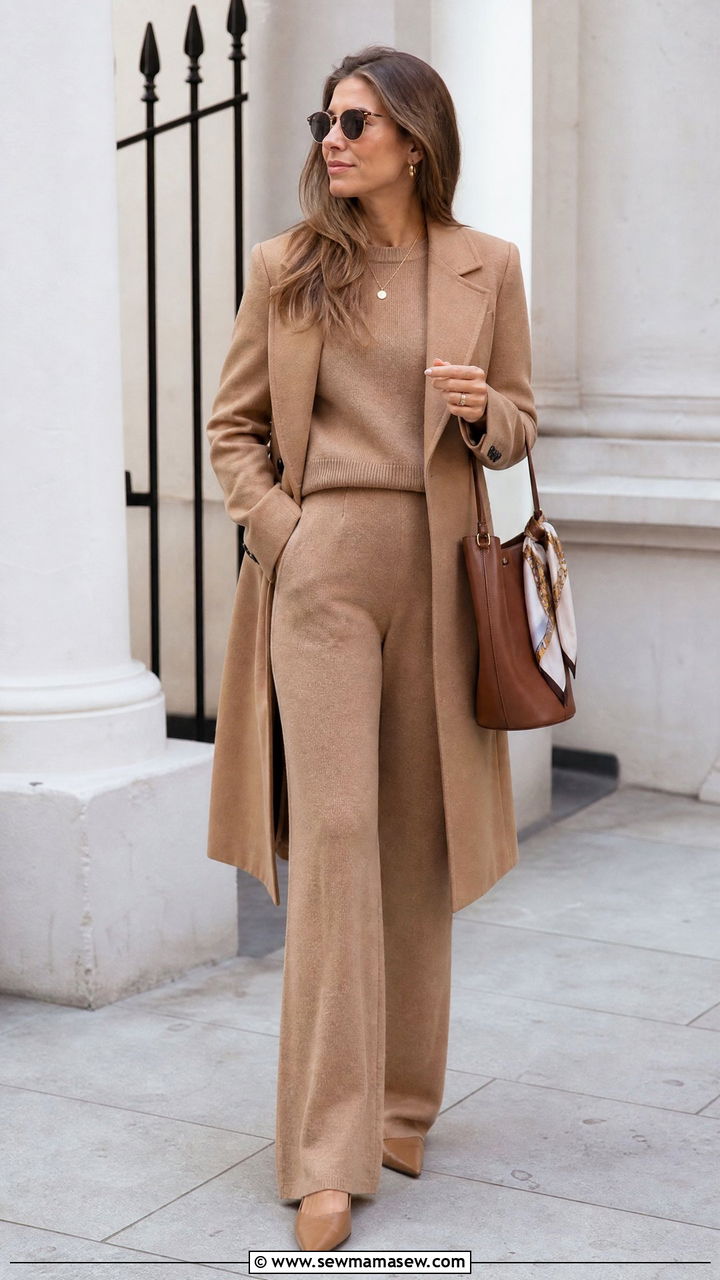 Neutral knit set with tailored coat outfit - 30 Cozy spring outfit ideas 2026