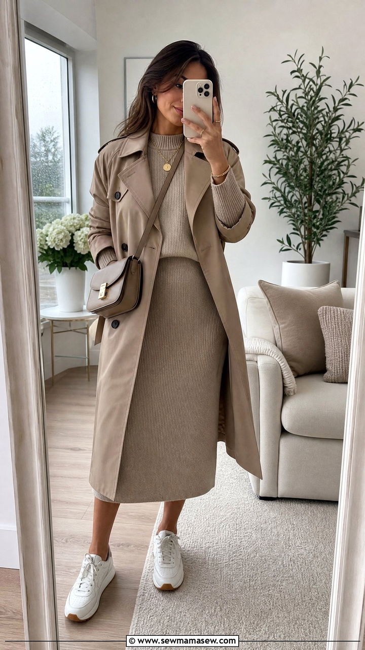 Neutral knit set with white sneakers and trench coat - 30 Cozy rainy day outfit ideas