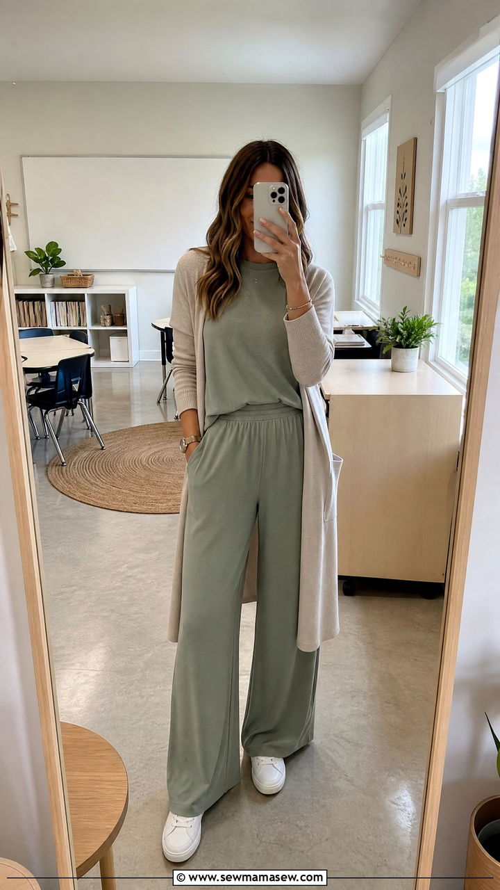 Neutral matching set with white sneakers teacher outfit - 30 summer teacher outfit ideas