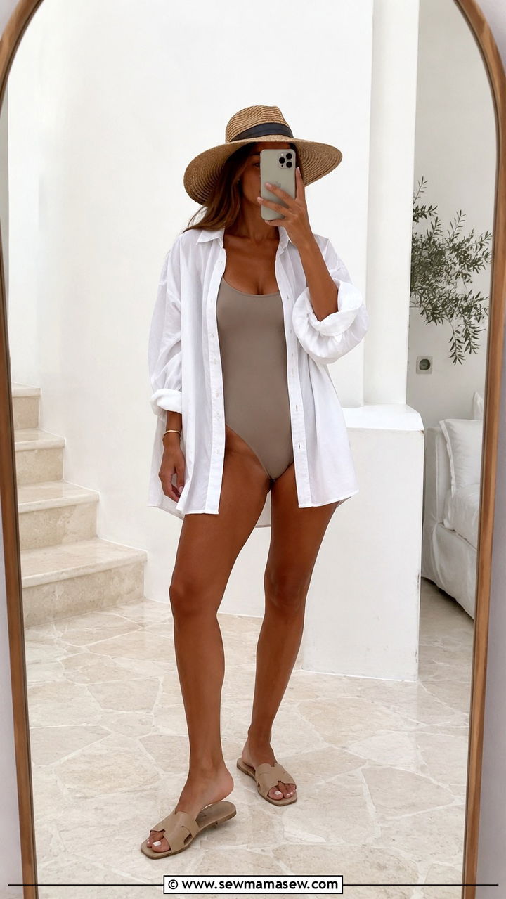 Neutral one piece swimsuit with oversized shirt outfit - 30 One piece swimsuit outfit ideas