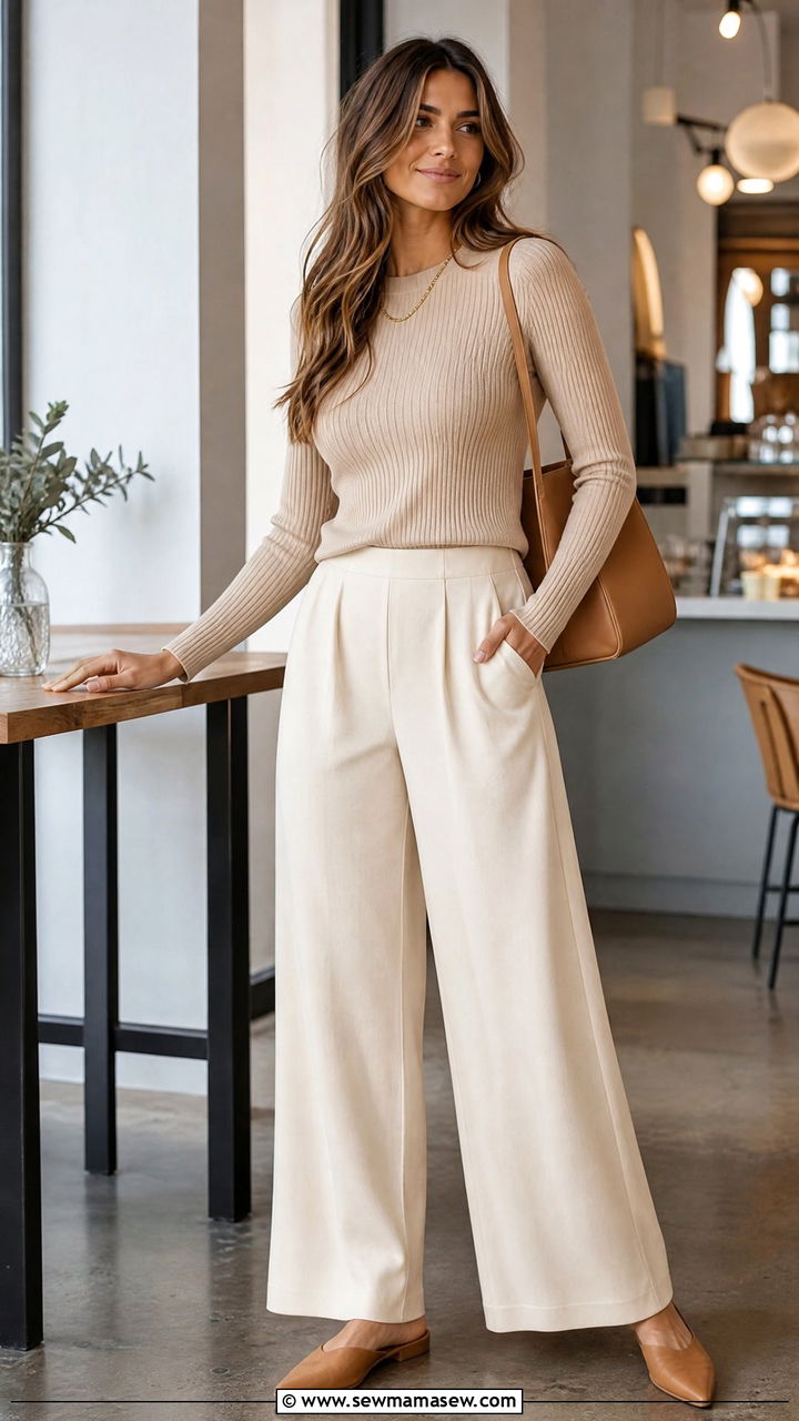 Neutral palazzo pants with ribbed knit top - 25 chic palazzo pants outfit ideas