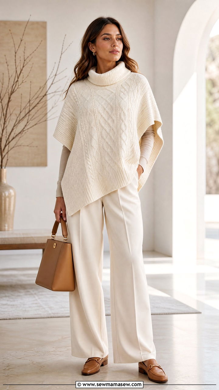 Neutral poncho with cream trousers and tan loafers - 40 Poncho outfit ideas