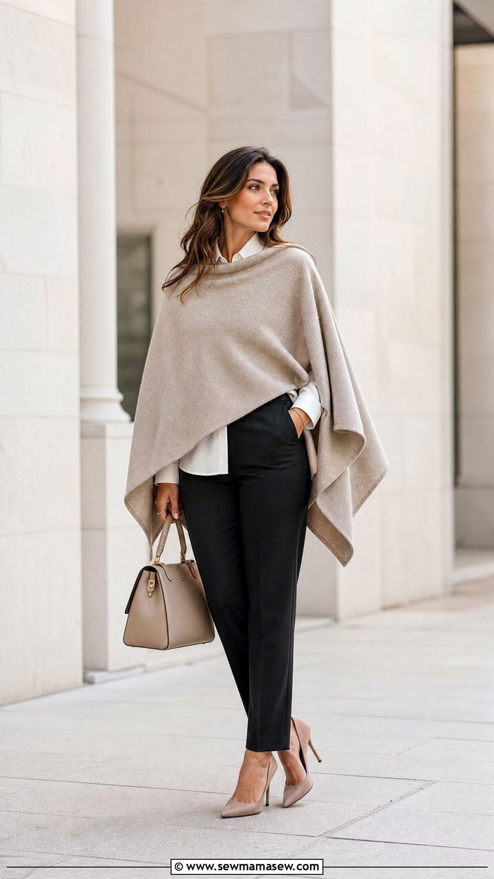 Neutral poncho with tailored trousers and pointed toe heels - 25 How to style a poncho
