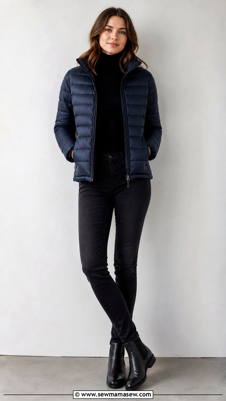 Neutral puffer jacket with monochrome base layers - 40 Puffer jacket outfit ideas