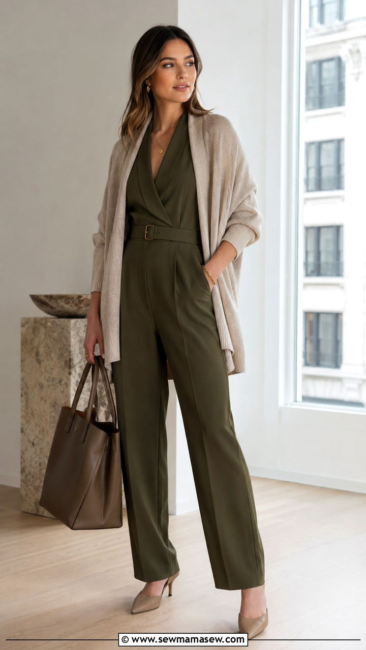 Neutral shawl cardigan with olive jumpsuit - 30 Spring outfits with cardigan