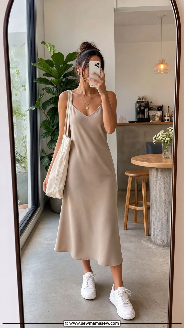 Neutral slip dress and white sneakers - 35 Minimalist spring outfits