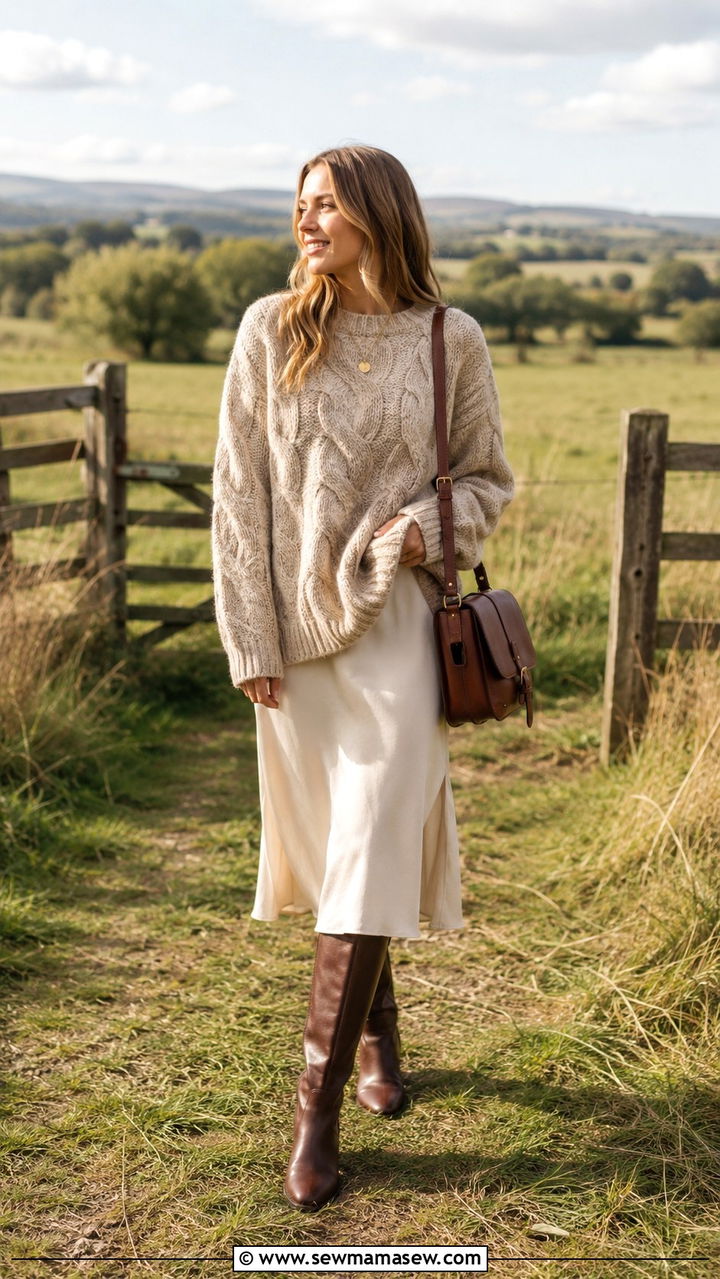 Neutral slip dress with oversized knit and riding boots - 30 How to style a slip dress in spring