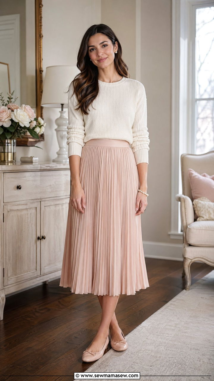 Neutral sweater and pleated midi skirt for family reunion - 35 Family reunion outfit ideas