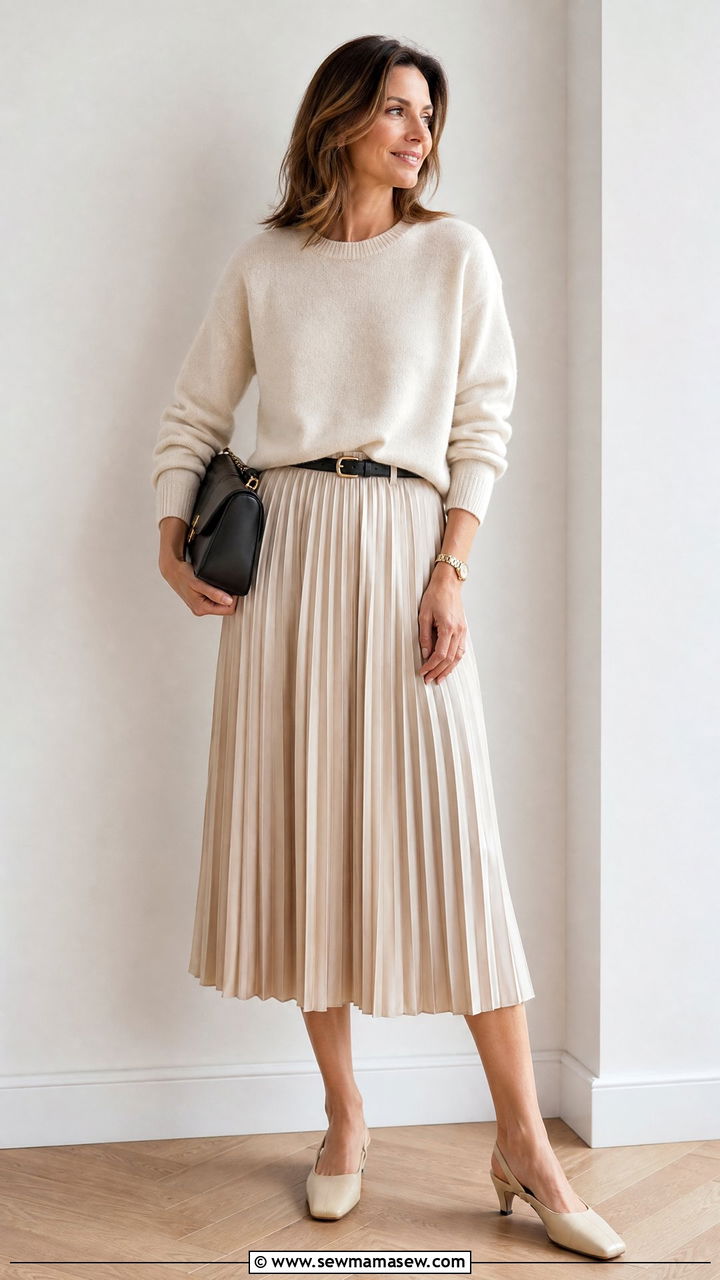 Neutral sweater with pleated midi skirt - 35 French girl outfit ideas for women over 40