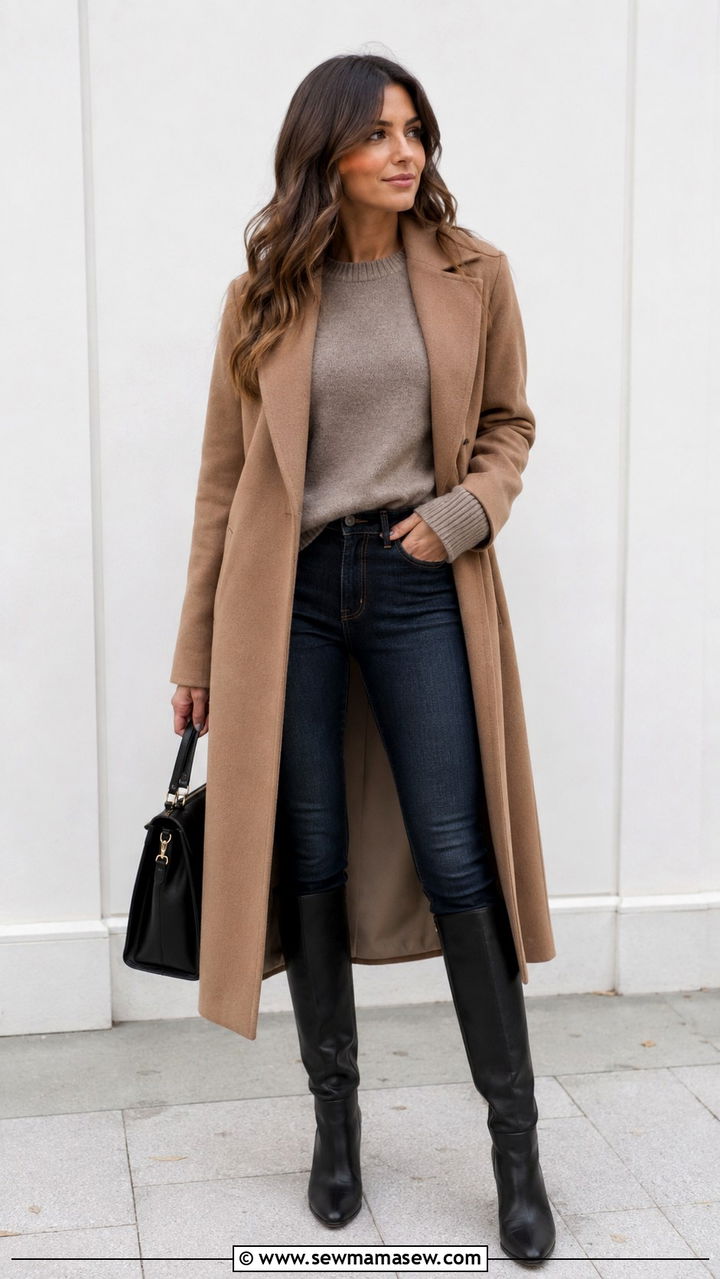 Neutral sweater with slim jeans and knee high boots - 30 Sweater outfit ideas for women over 40