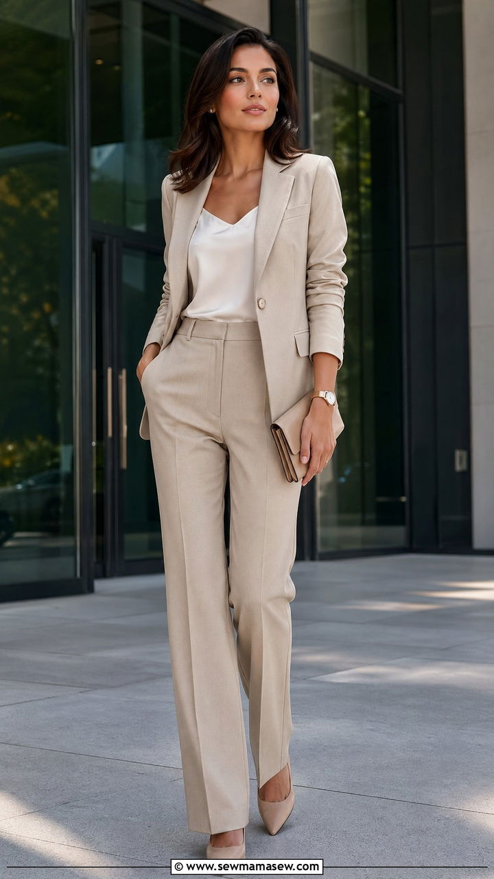 Neutral tailored pantsuit with a silk camisole - 35 elegant outfits for women