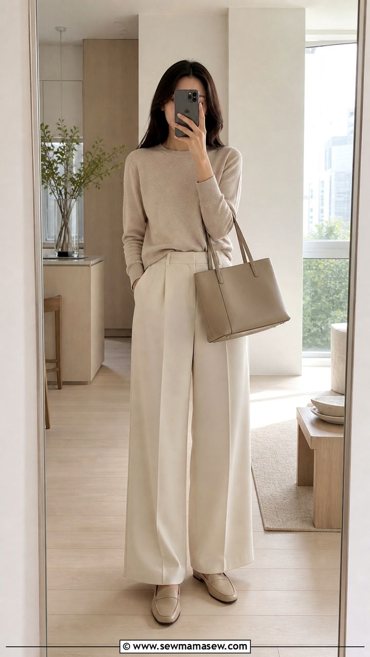 Neutral tonal capsule outfit with beige knit and cream trousers - 40 What to wear in Tokyo