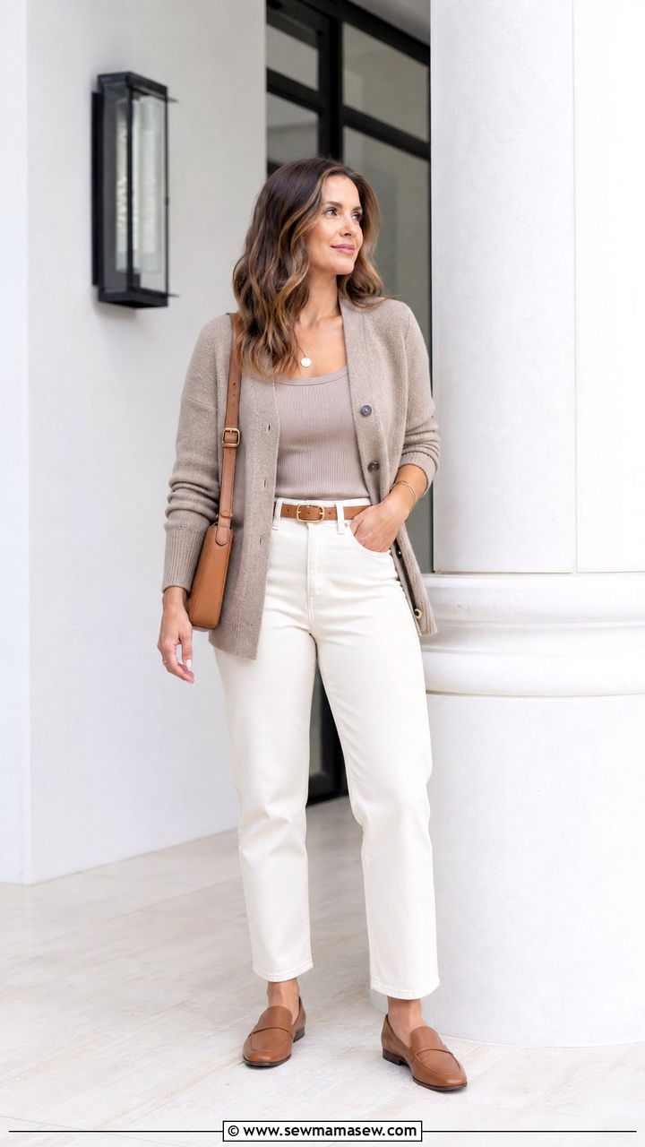 Neutral tone cardigan with mom jeans and matching accessories - 30 Mom jeans outfit ideas with a cardigan