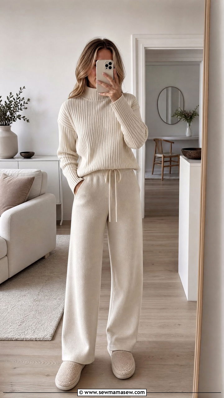 Neutral tone tonal ribbed set - 35 Hygge loungewear outfit ideas