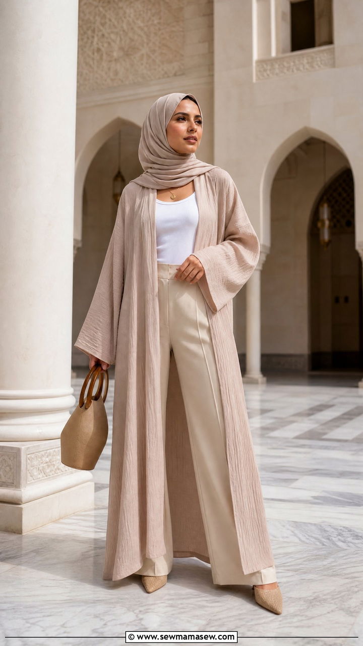 Neutral toned abaya inspired open front robe outfit - 25 Cairo outfit ideas