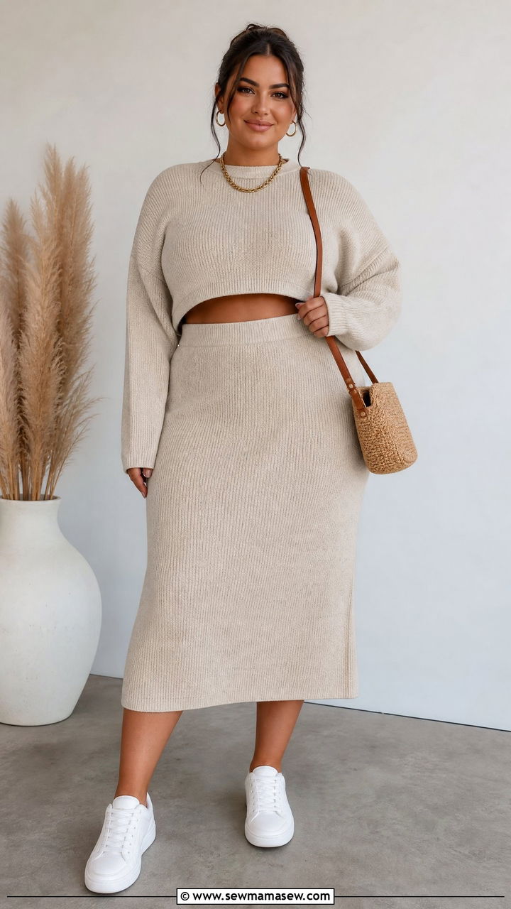 Neutral two piece knit set with chunky gold jewelry - 30 Clean girl outfit ideas plus size