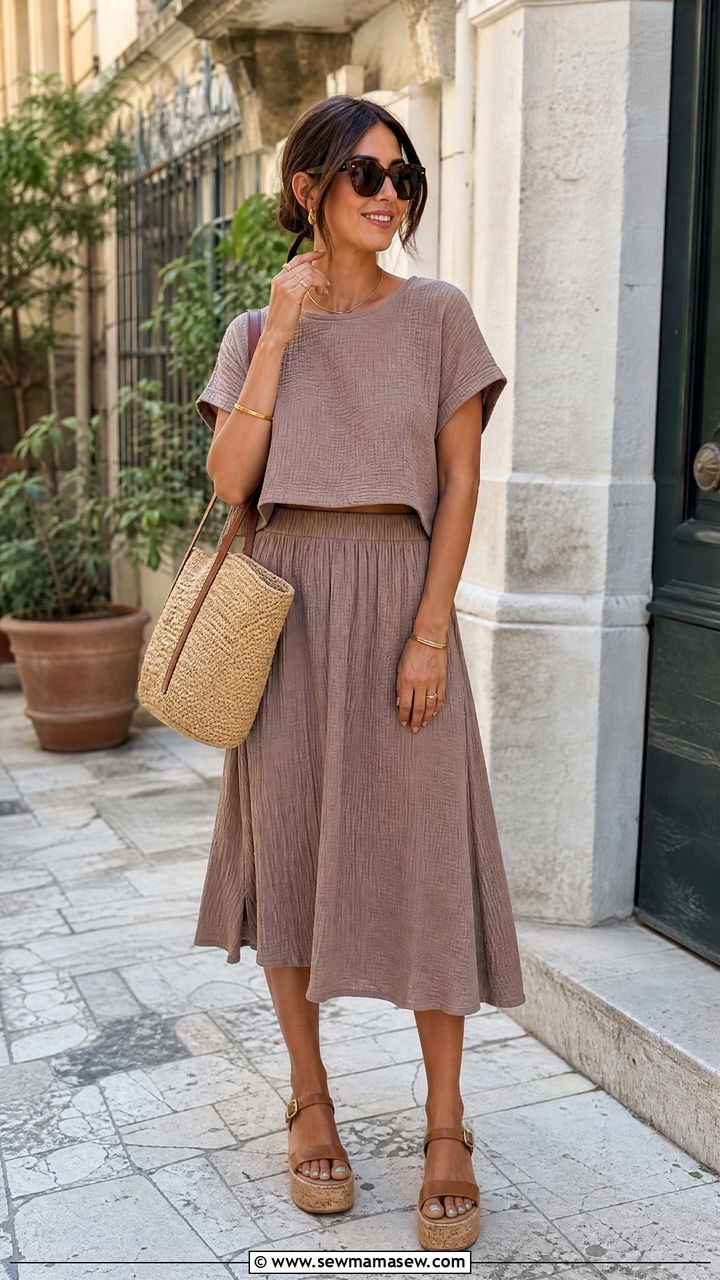 Neutral two piece set with platform sandals city break outfit - 30 summer city break outfit ideas