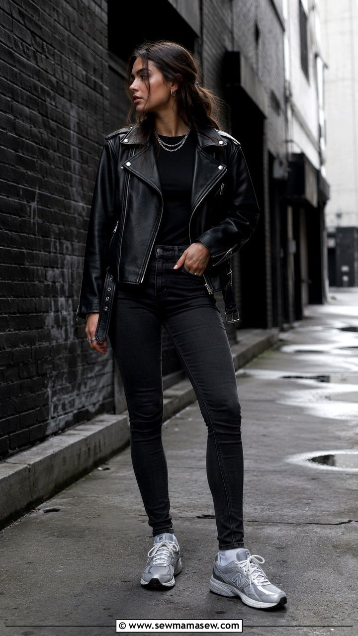 New Balance 1906R with black skinny jeans and leather jacket - 30 How to style New Balance sneakers