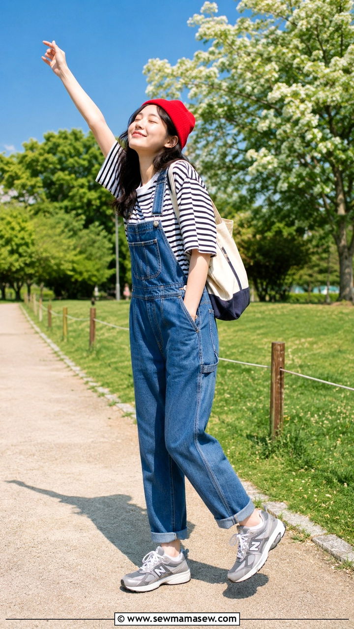 New Balance 2002R with overalls and striped tee - 30 How to style New Balance sneakers