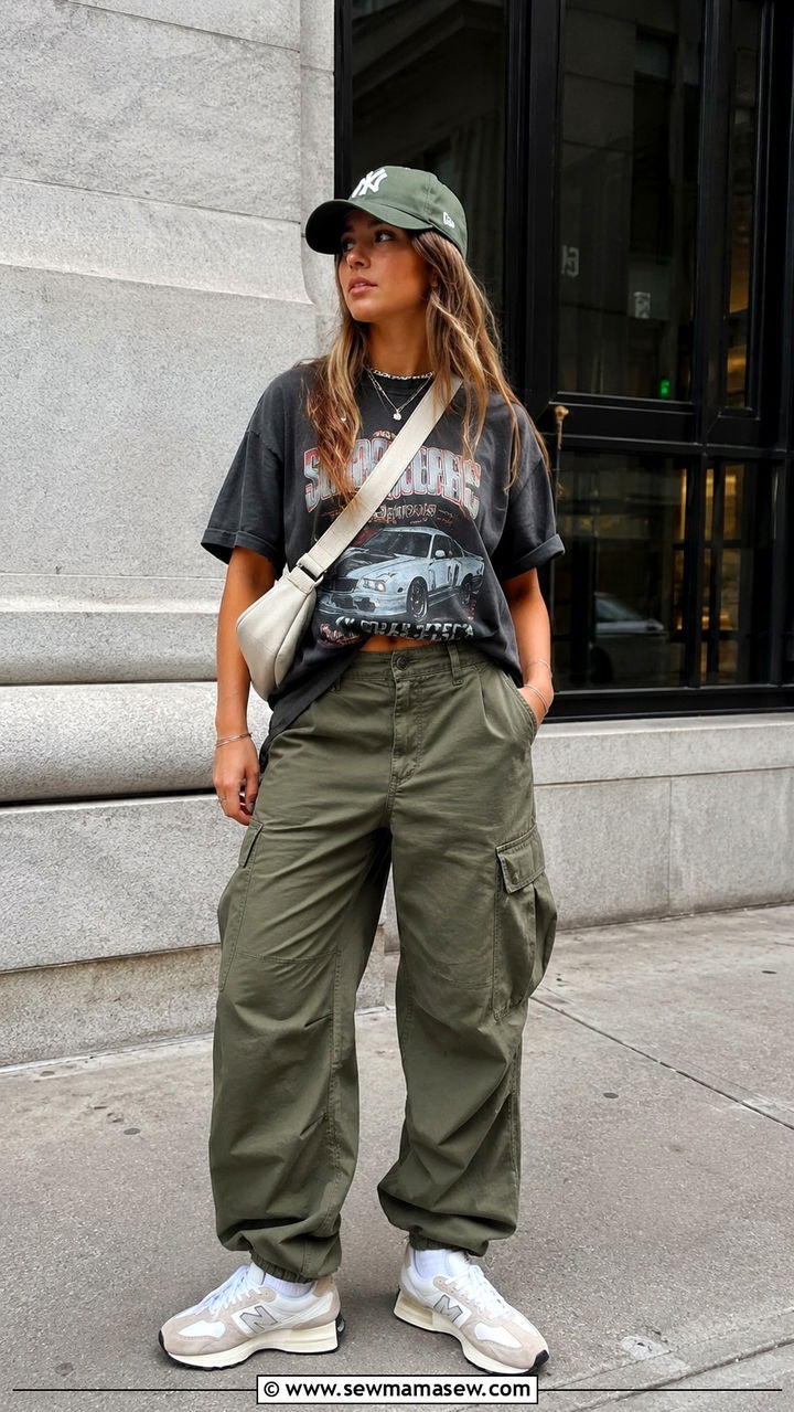 New Balance 327 with Baggy Cargo Pants and Graphic Tee - 25 New Balance sneakers outfit ideas