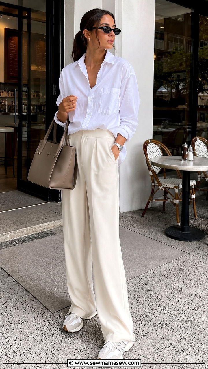 New Balance 327 with Wide Leg Trousers and Relaxed Button Down - 25 New Balance sneakers outfit ideas
