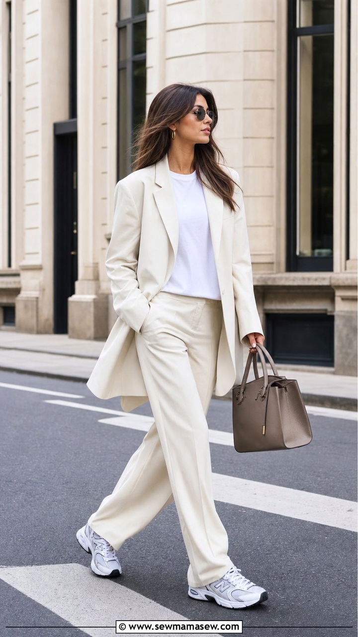 New Balance 530 outfit with blazer and tailored trousers - 25 Sporty chic outfit ideas with New Balance 530