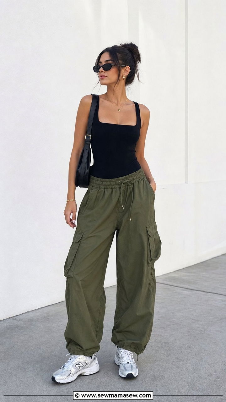 New Balance 530 outfit with cargo pants and fitted bodysuit - 25 Sporty chic outfit ideas with New Balance 530