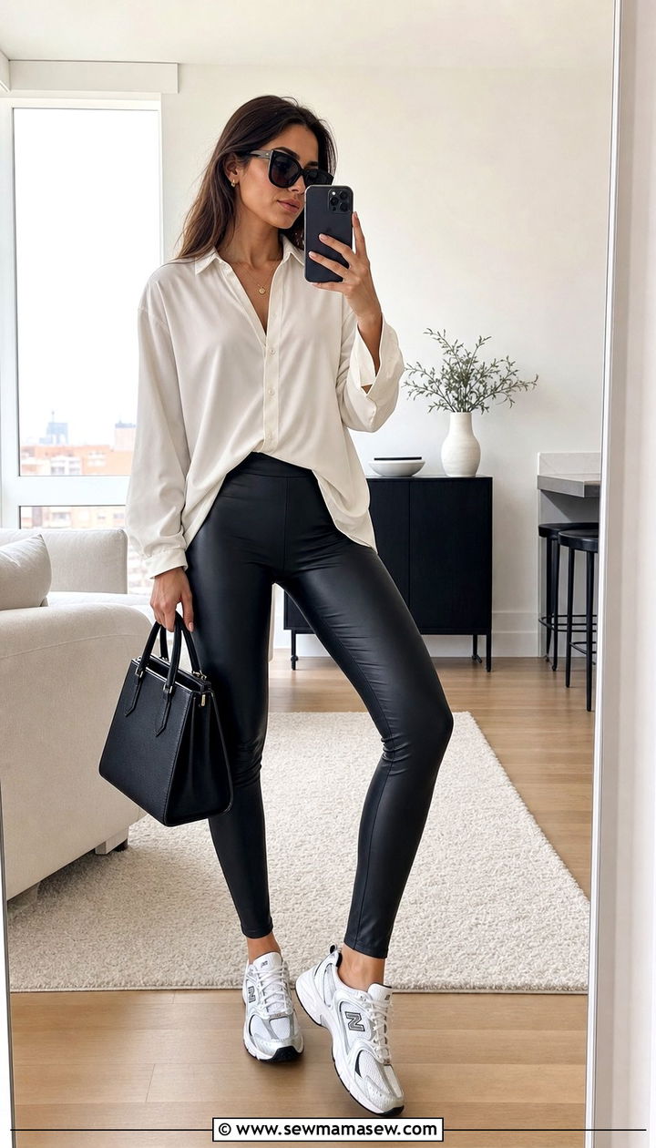 New Balance 530 outfit with leather leggings and silk blouse - 25 Sporty chic outfit ideas with New Balance 530