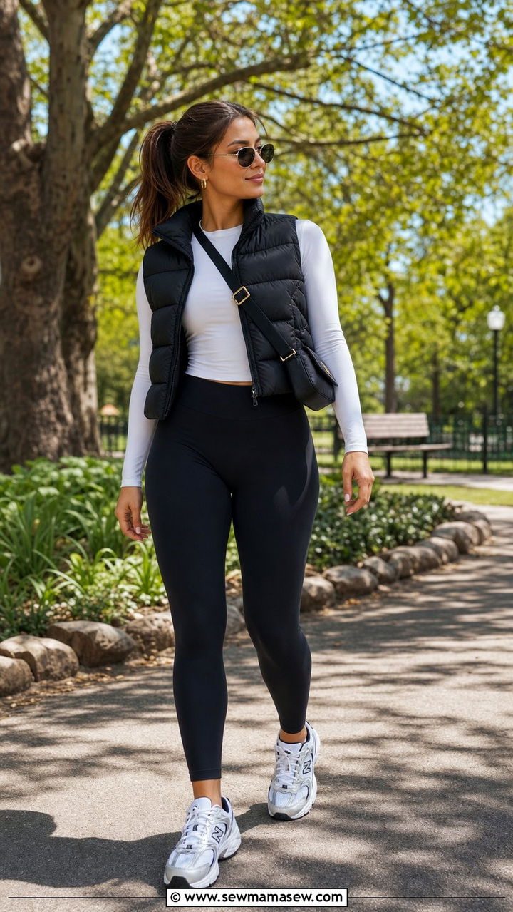New Balance 530 outfit with puffer vest and long sleeve layer - 25 Sporty chic outfit ideas with New Balance 530