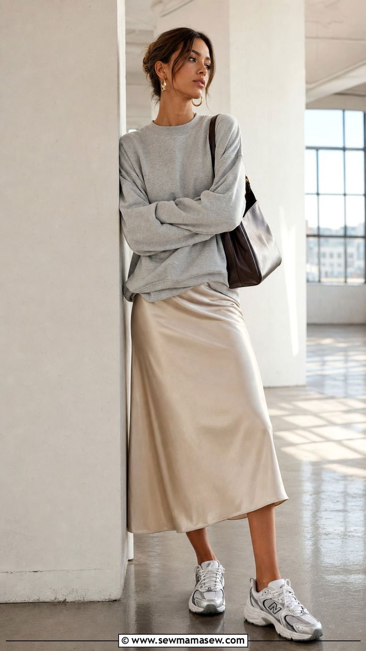 New Balance 530 outfit with satin slip skirt and sweatshirt - 25 Sporty chic outfit ideas with New Balance 530