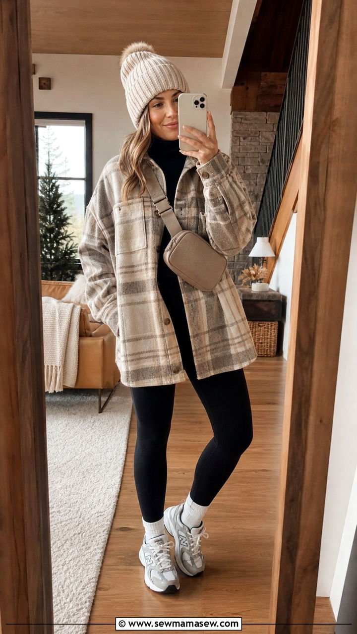 New Balance 530 outfit with shacket and fleece leggings - 25 Sporty chic outfit ideas with New Balance 530