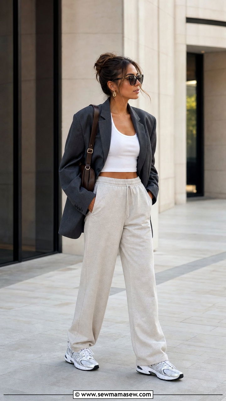 New Balance 530 outfit with sweatpants and structured blazer - 25 Sporty chic outfit ideas with New Balance 530