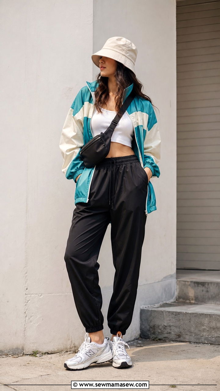 New Balance 530 outfit with track pants and windbreaker - 25 Sporty chic outfit ideas with New Balance 530