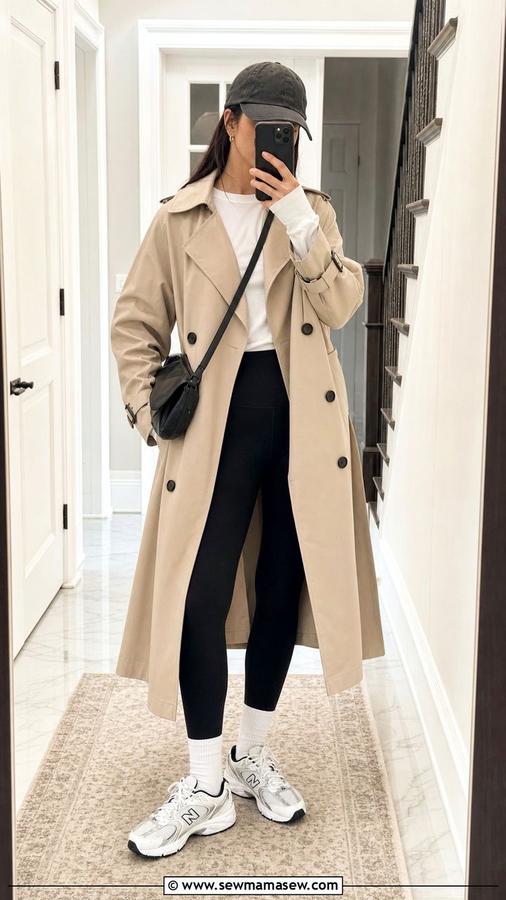 New Balance 530 outfit with trench coat and leggings - 25 Sporty chic outfit ideas with New Balance 530
