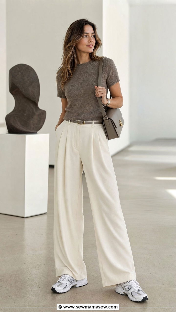 New Balance 530 outfit with wide leg trousers and knit top - 25 Sporty chic outfit ideas with New Balance 530