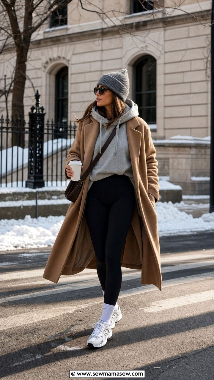 New Balance 530 outfit with wool coat and leggings - 25 Sporty chic outfit ideas with New Balance 530