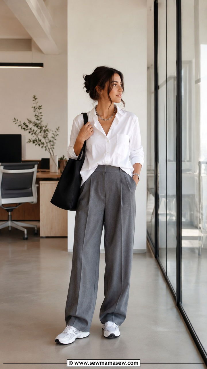 New Balance 530 with tailored trousers and white button down - 30 How to style New Balance sneakers