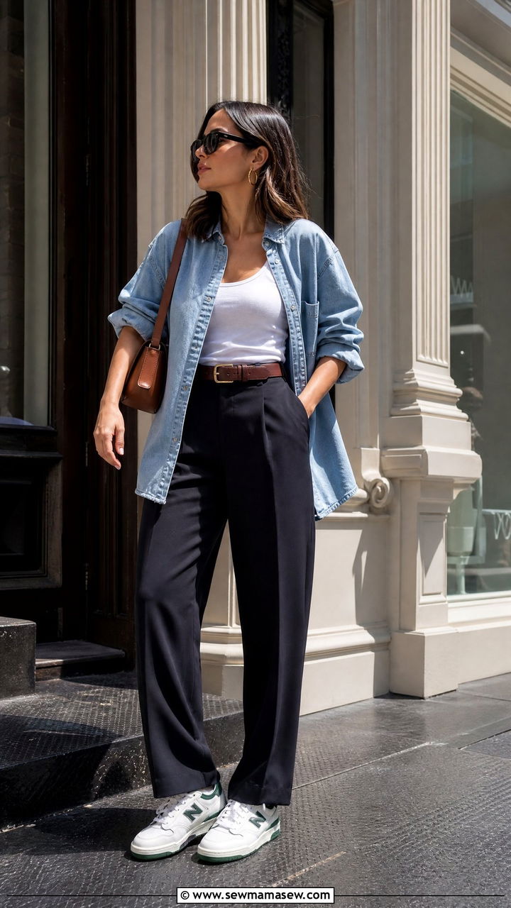 New Balance 550 with Denim Shirt and Straight Leg Pants - 25 New Balance sneakers outfit ideas